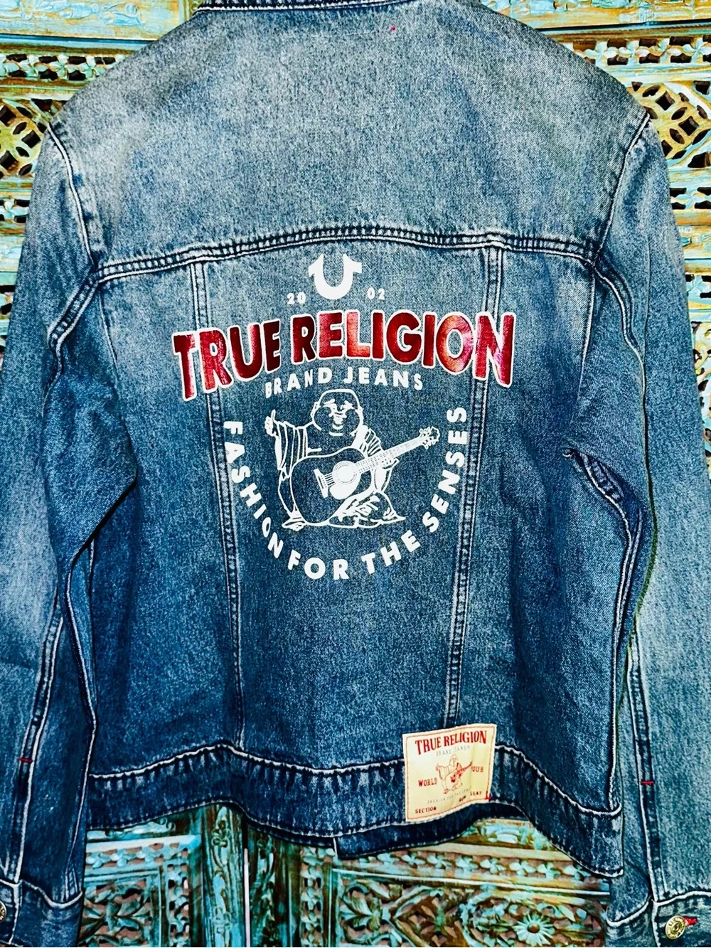 True Religion Denim Jacket Red Ladder Stitch Men’s Medium Blue Quartz Wash Budda